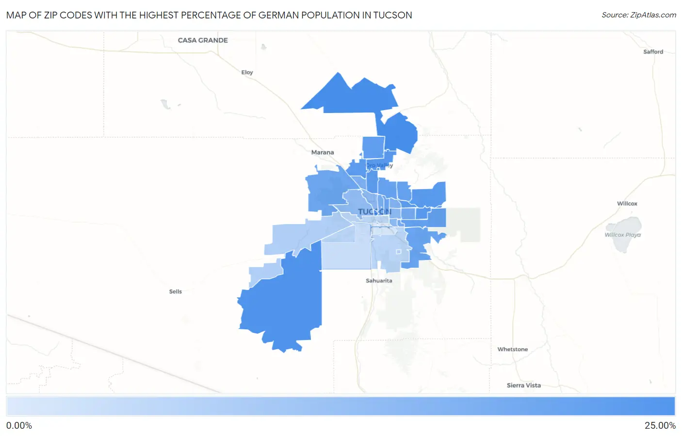 Zip Codes with the Highest Percentage of German Population in Tucson Map