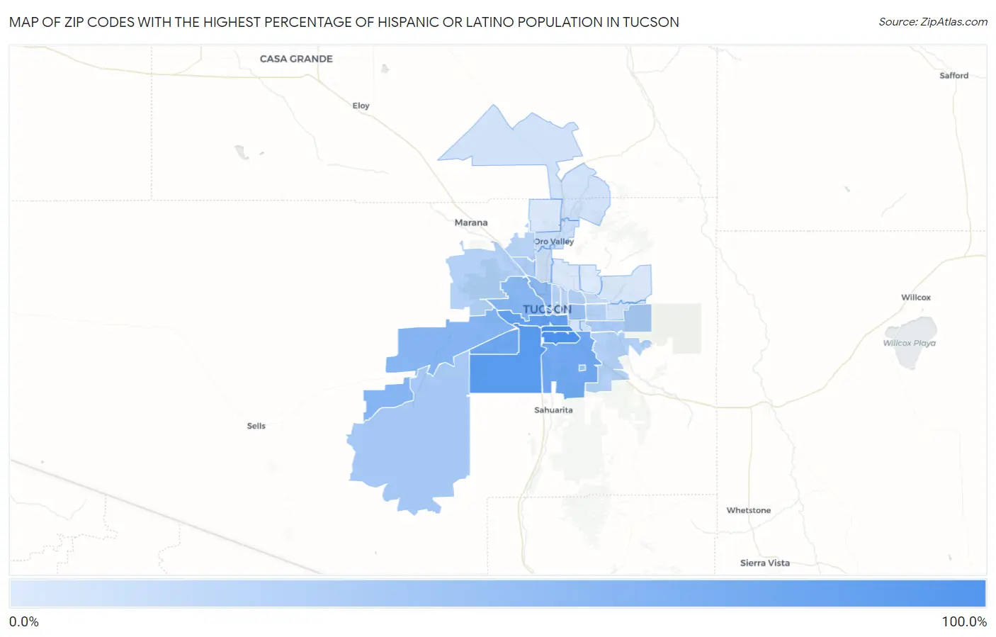 Zip Codes with the Highest Percentage of Hispanic or Latino Population in Tucson Map