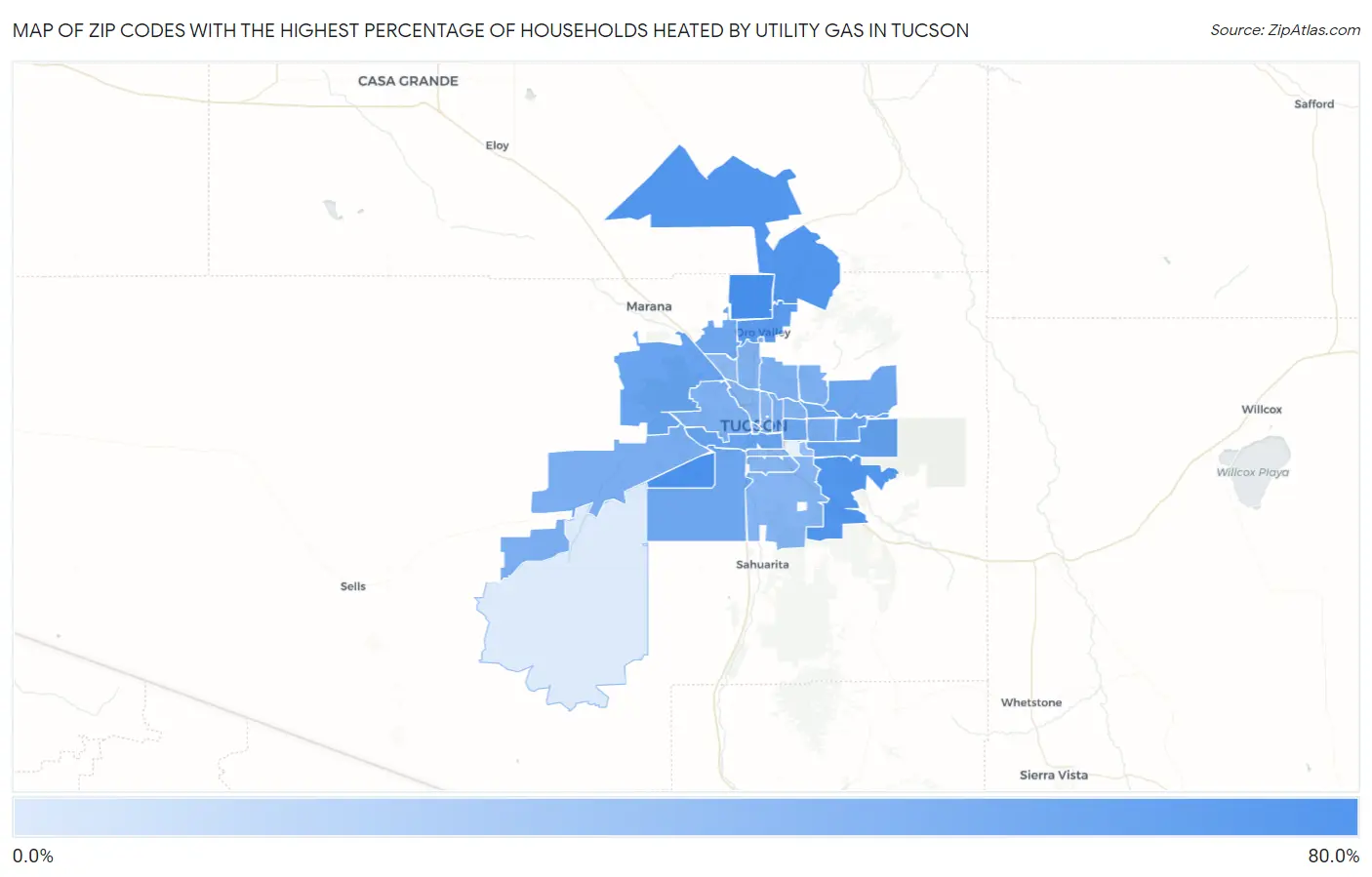 Zip Codes with the Highest Percentage of Households Heated by Utility Gas in Tucson Map