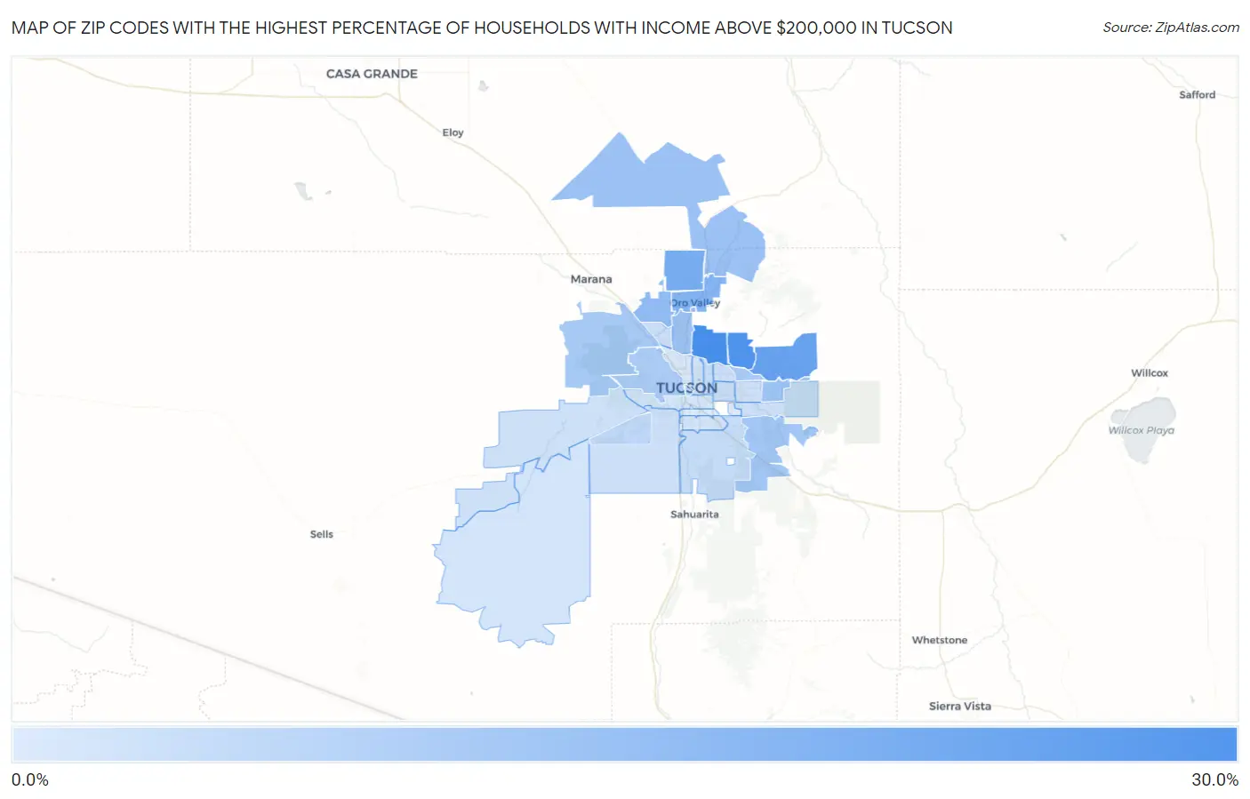 Zip Codes with the Highest Percentage of Households with Income Above $200,000 in Tucson Map