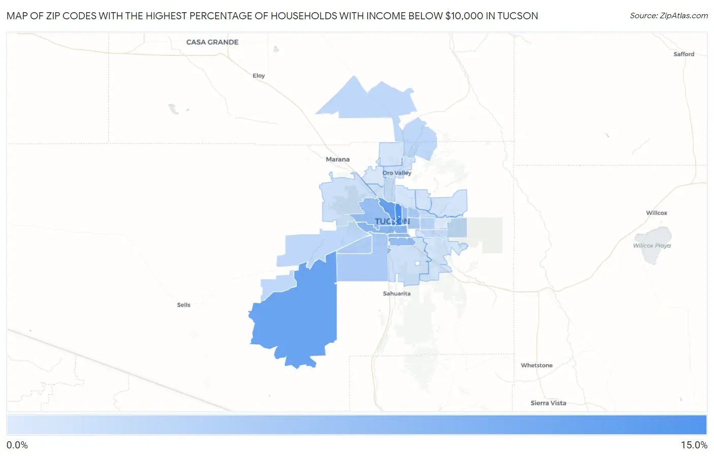 Zip Codes with the Highest Percentage of Households with Income Below $10,000 in Tucson Map