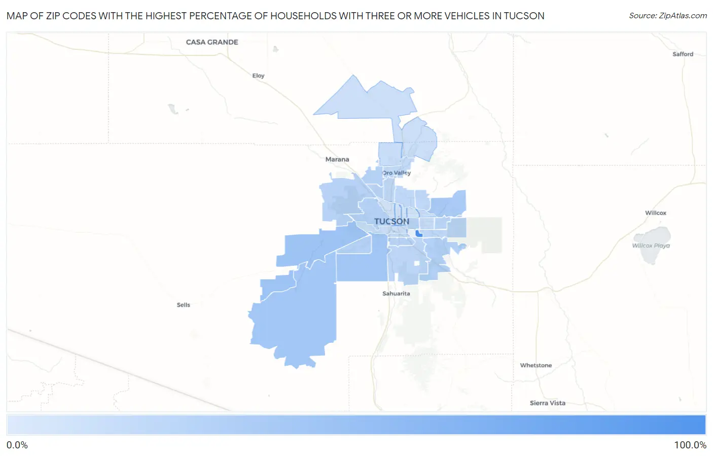 Zip Codes with the Highest Percentage of Households With Three or more Vehicles in Tucson Map