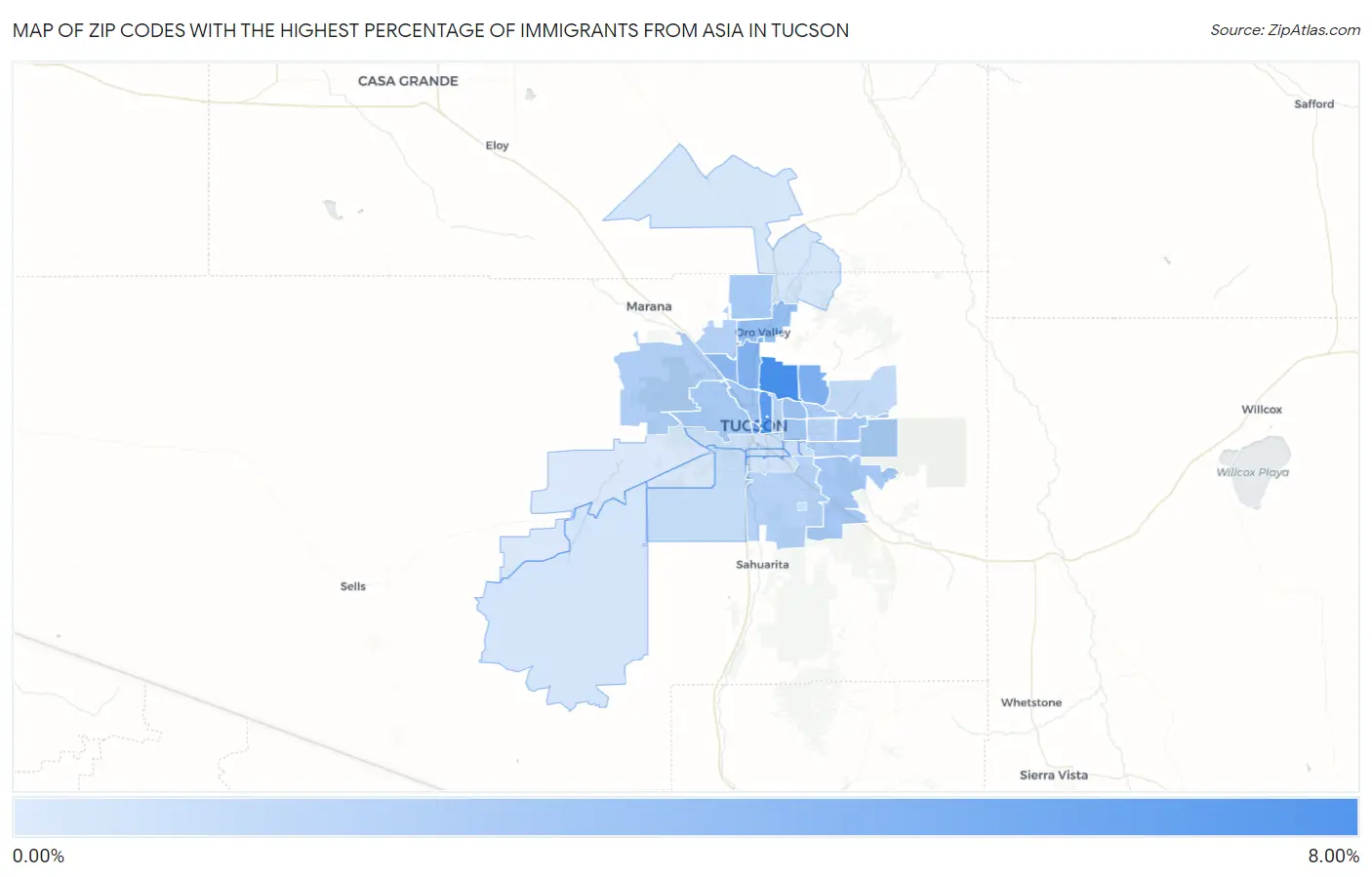 Zip Codes with the Highest Percentage of Immigrants from Asia in Tucson Map