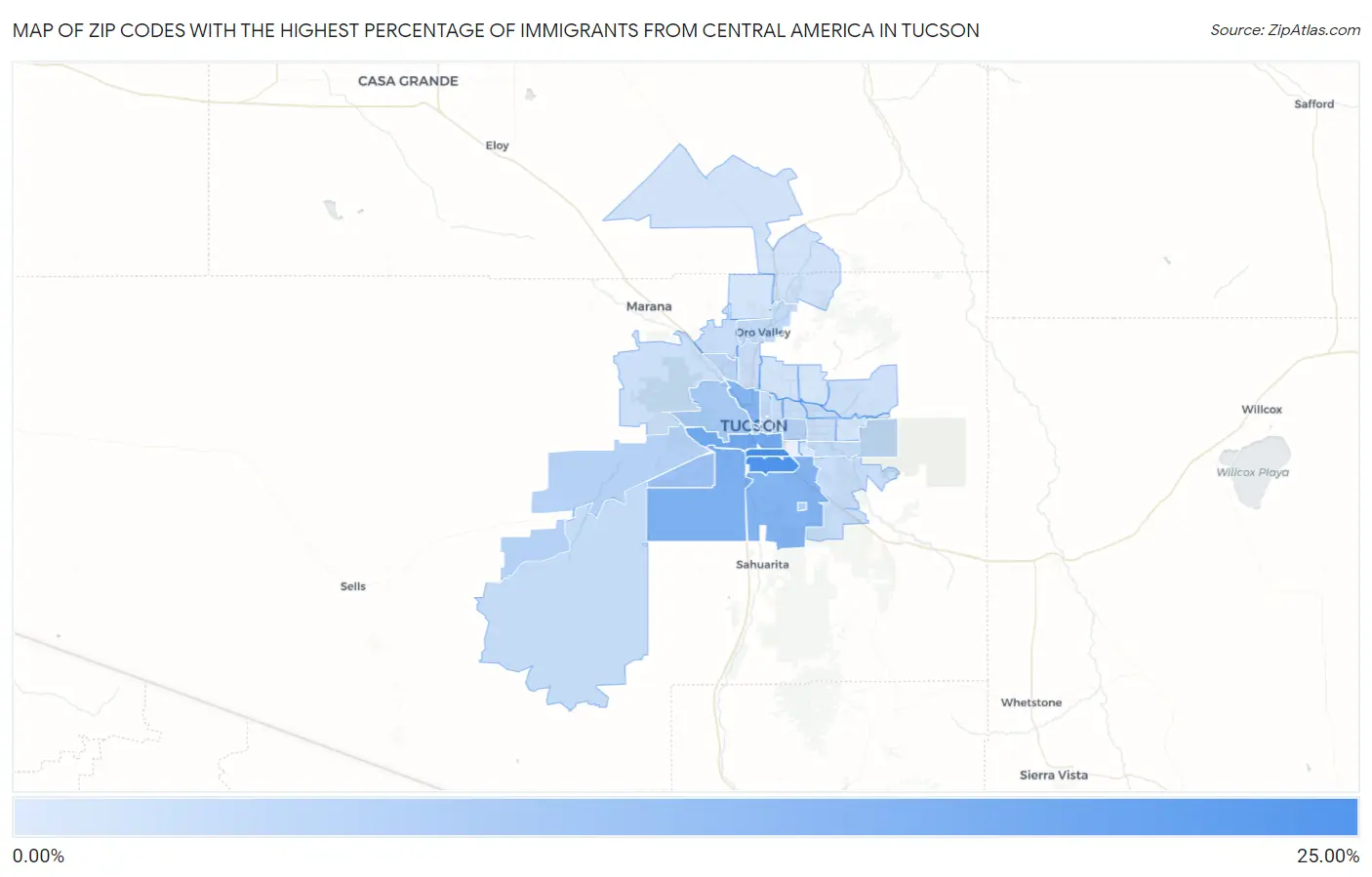 Zip Codes with the Highest Percentage of Immigrants from Central America in Tucson Map