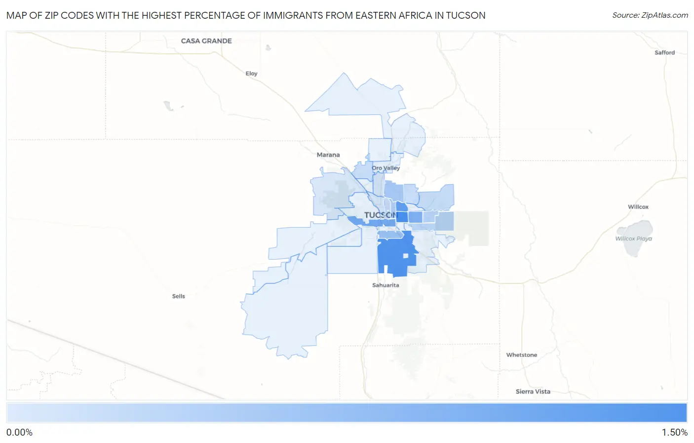 Zip Codes with the Highest Percentage of Immigrants from Eastern Africa in Tucson Map