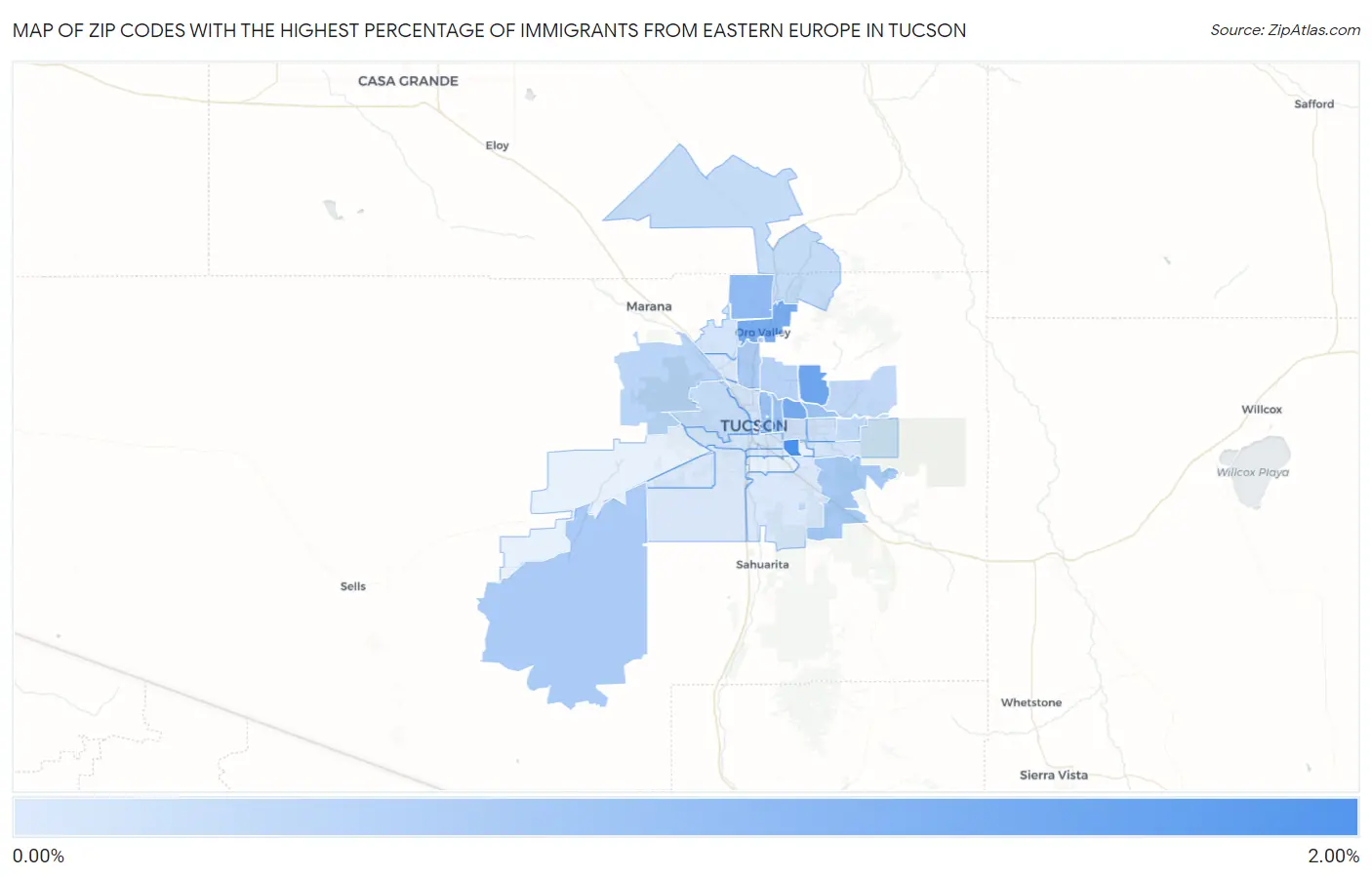 Zip Codes with the Highest Percentage of Immigrants from Eastern Europe in Tucson Map