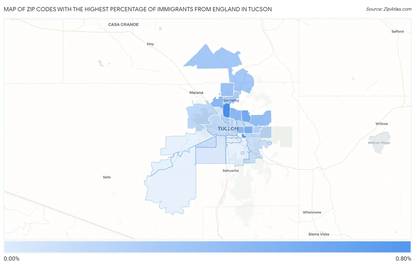 Zip Codes with the Highest Percentage of Immigrants from England in Tucson Map
