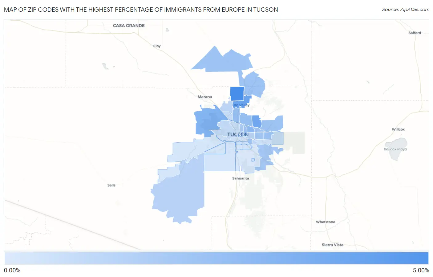 Zip Codes with the Highest Percentage of Immigrants from Europe in Tucson Map