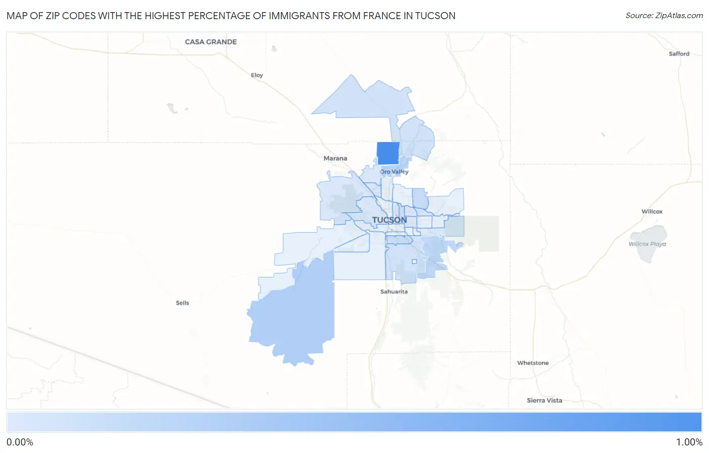 Zip Codes with the Highest Percentage of Immigrants from France in Tucson Map