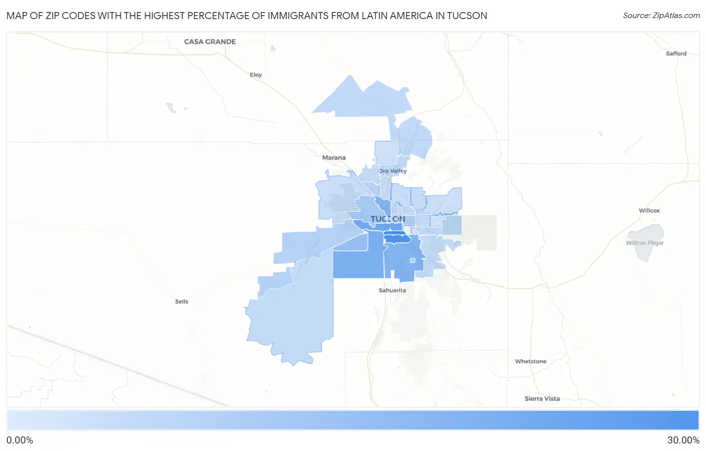 Zip Codes with the Highest Percentage of Immigrants from Latin America in Tucson Map