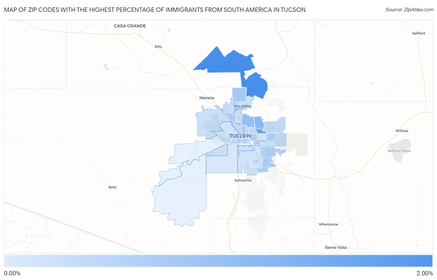 Zip Codes with the Highest Percentage of Immigrants from South America in Tucson Map