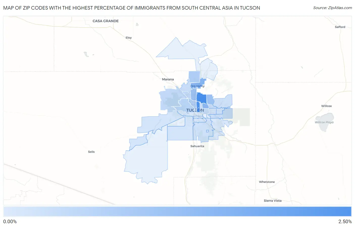 Zip Codes with the Highest Percentage of Immigrants from South Central Asia in Tucson Map