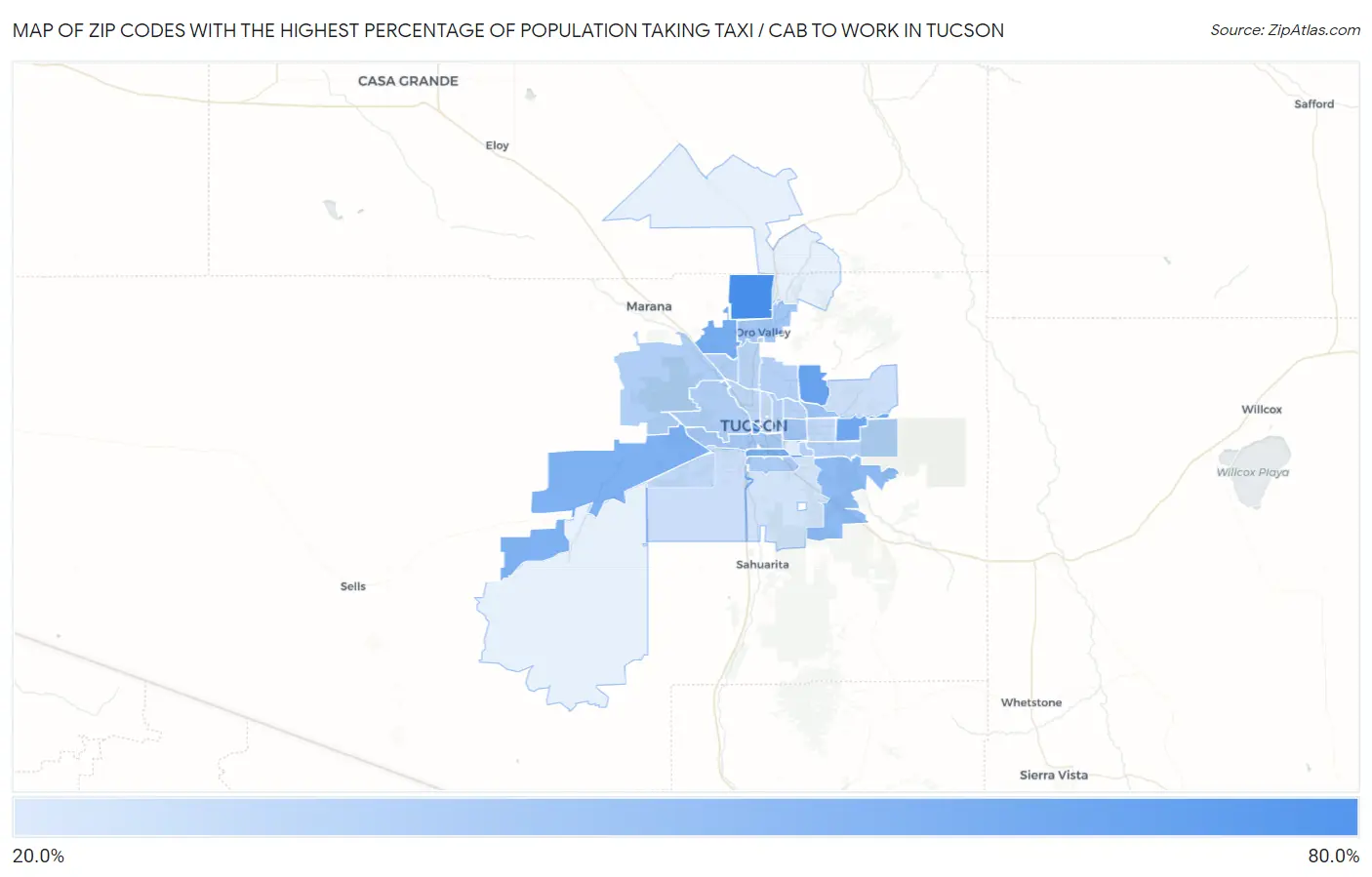 Zip Codes with the Highest Percentage of Population Taking Taxi / Cab to Work in Tucson Map