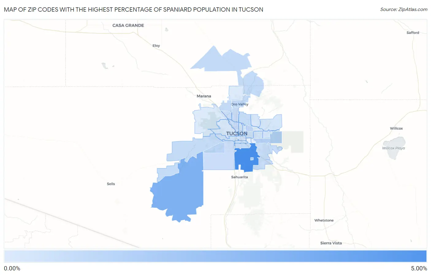 Zip Codes with the Highest Percentage of Spaniard Population in Tucson Map