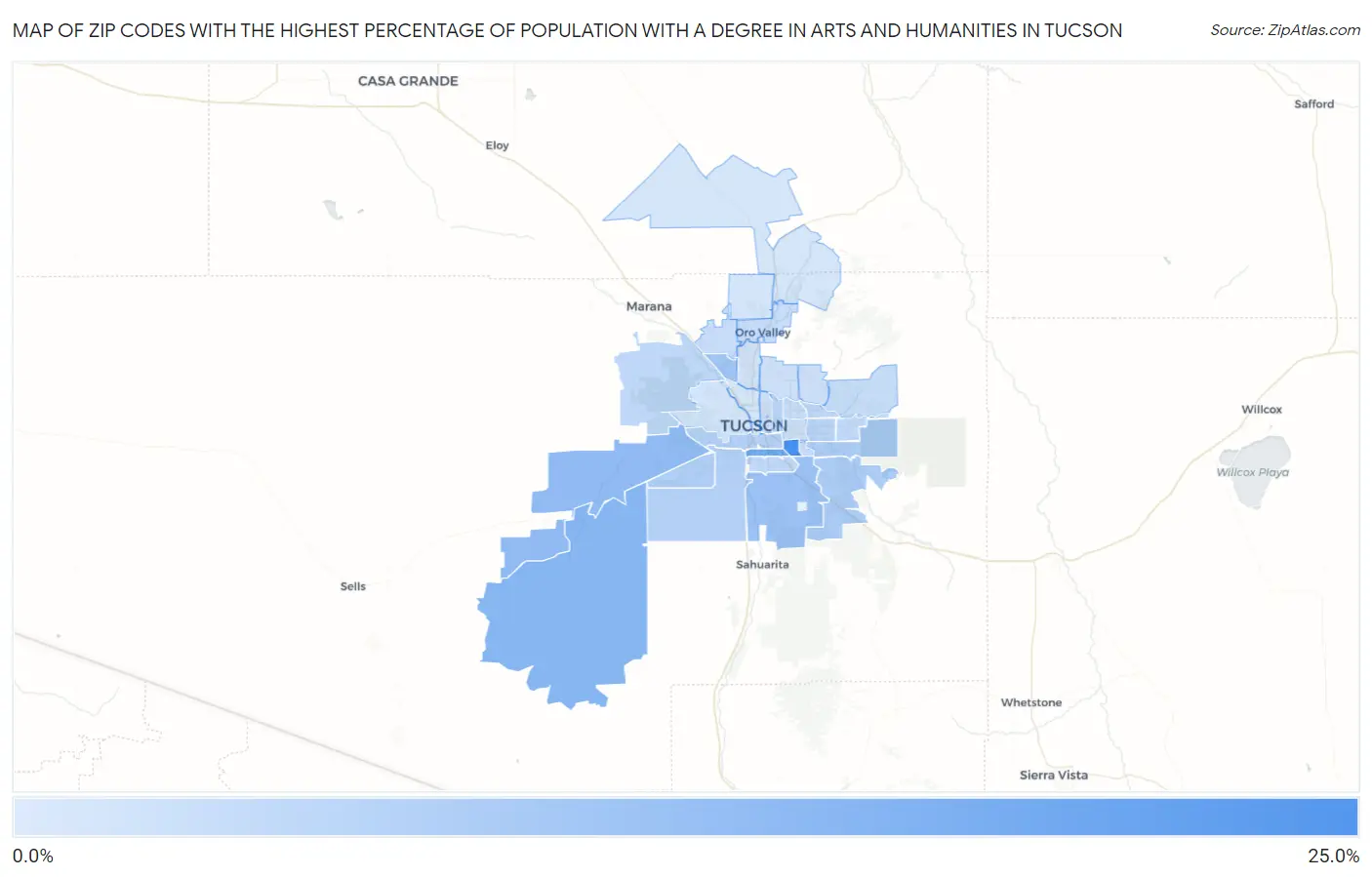 Zip Codes with the Highest Percentage of Population with a Degree in Arts and Humanities in Tucson Map
