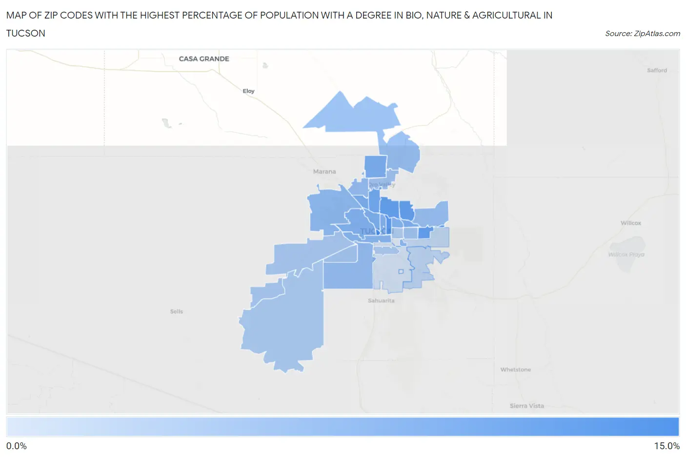 Zip Codes with the Highest Percentage of Population with a Degree in Bio, Nature & Agricultural in Tucson Map