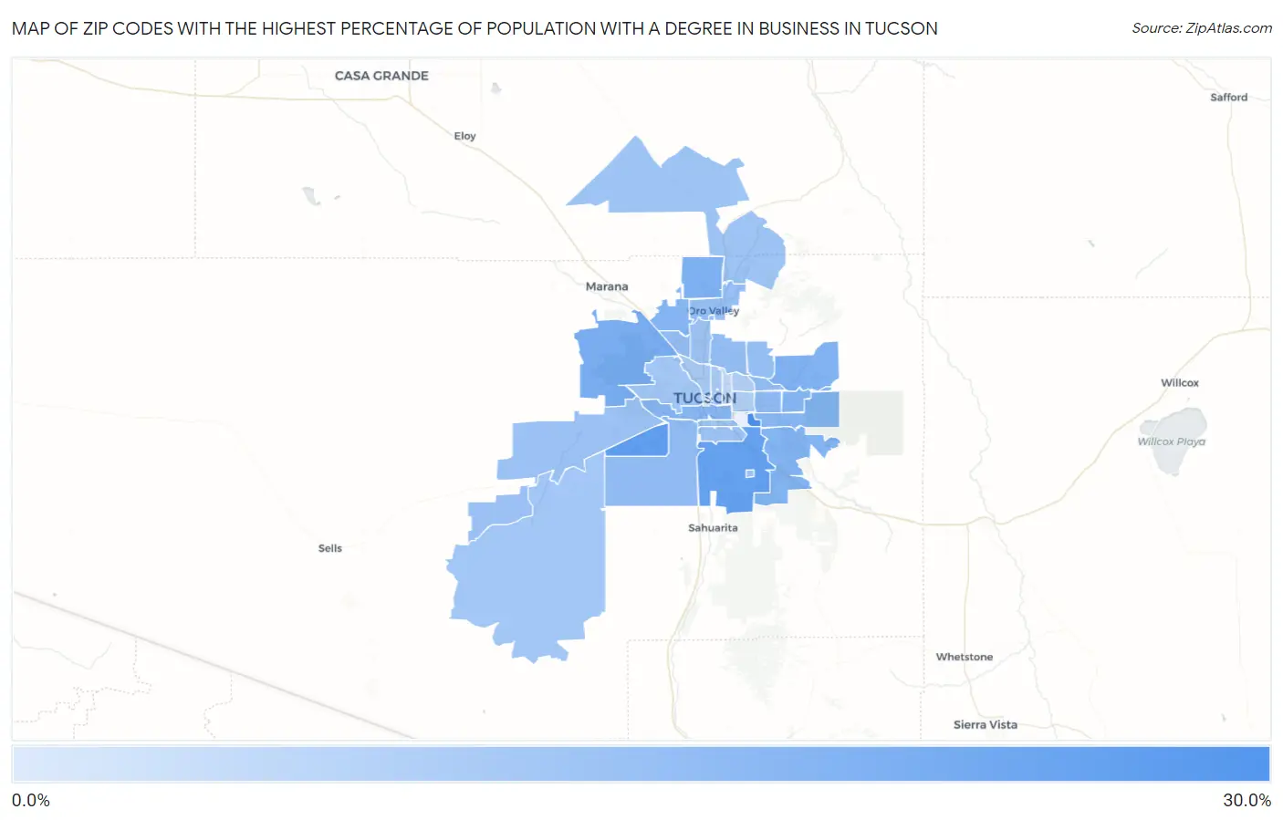Zip Codes with the Highest Percentage of Population with a Degree in Business in Tucson Map