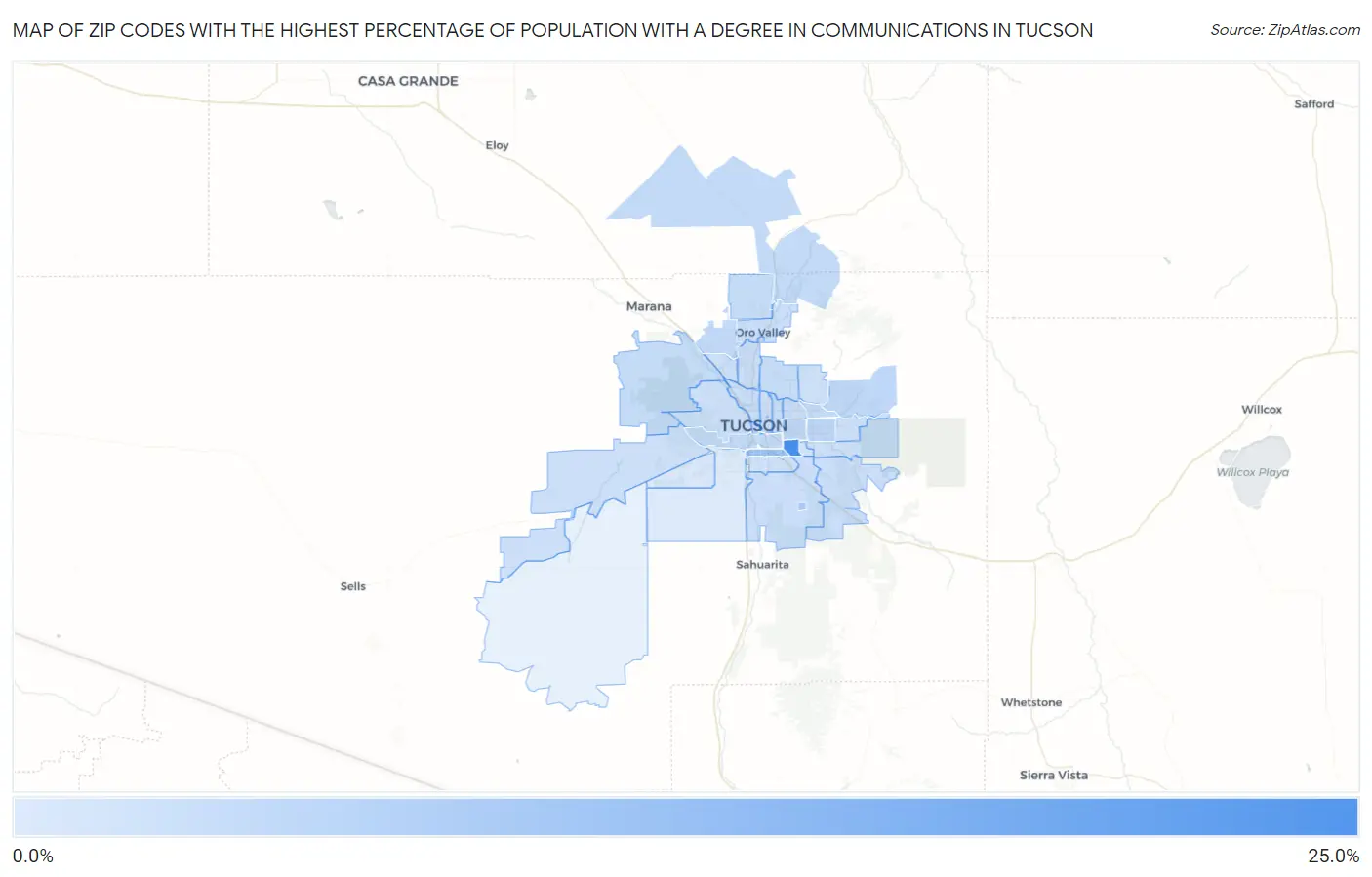 Zip Codes with the Highest Percentage of Population with a Degree in Communications in Tucson Map