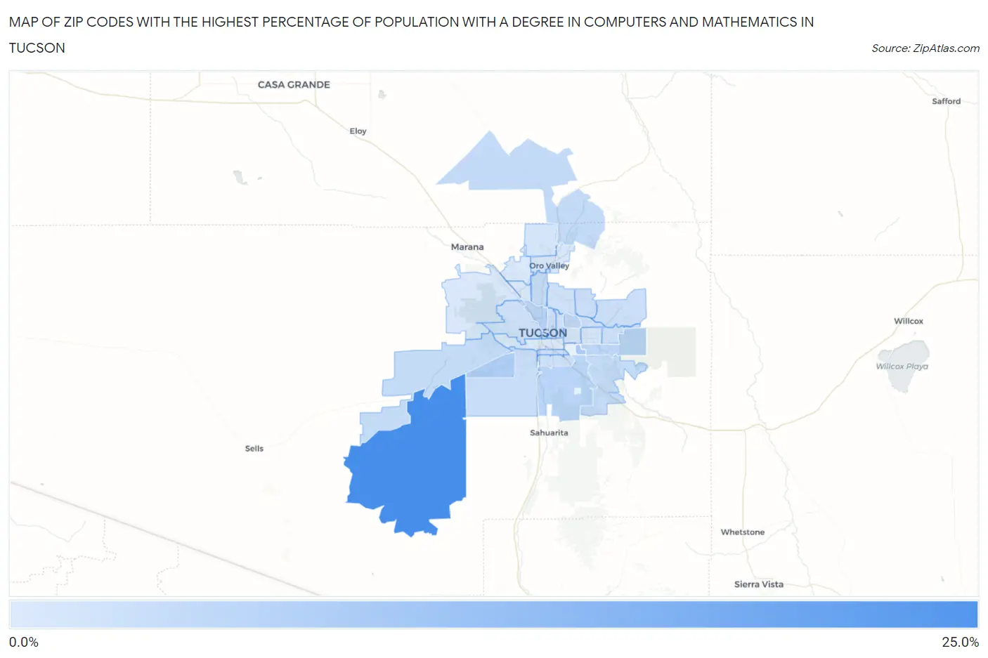Zip Codes with the Highest Percentage of Population with a Degree in Computers and Mathematics in Tucson Map