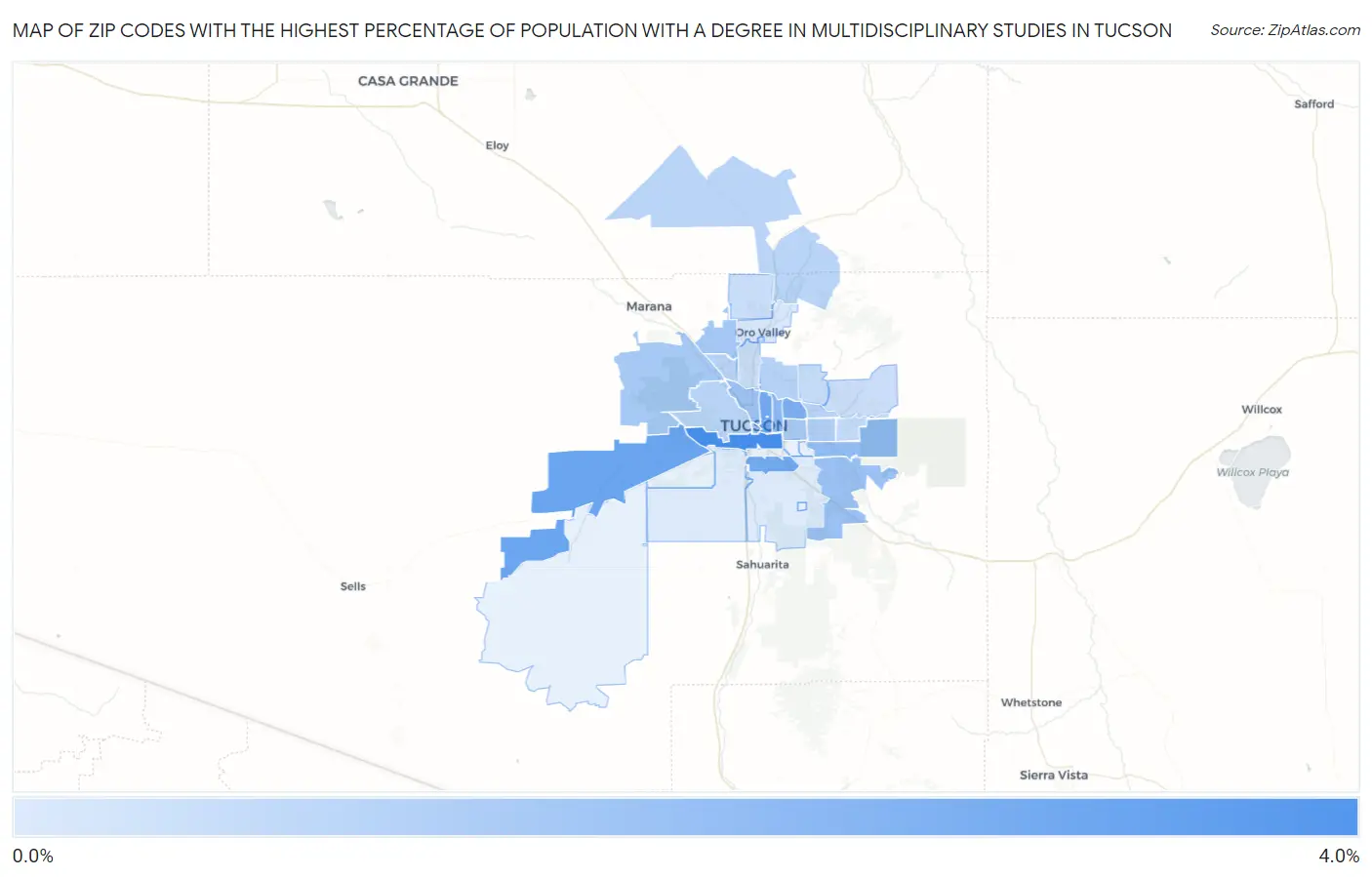 Zip Codes with the Highest Percentage of Population with a Degree in Multidisciplinary Studies in Tucson Map