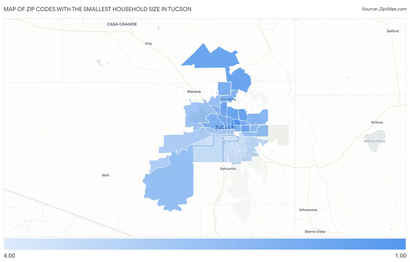 Zip Codes with the Smallest Household Size in Tucson Map