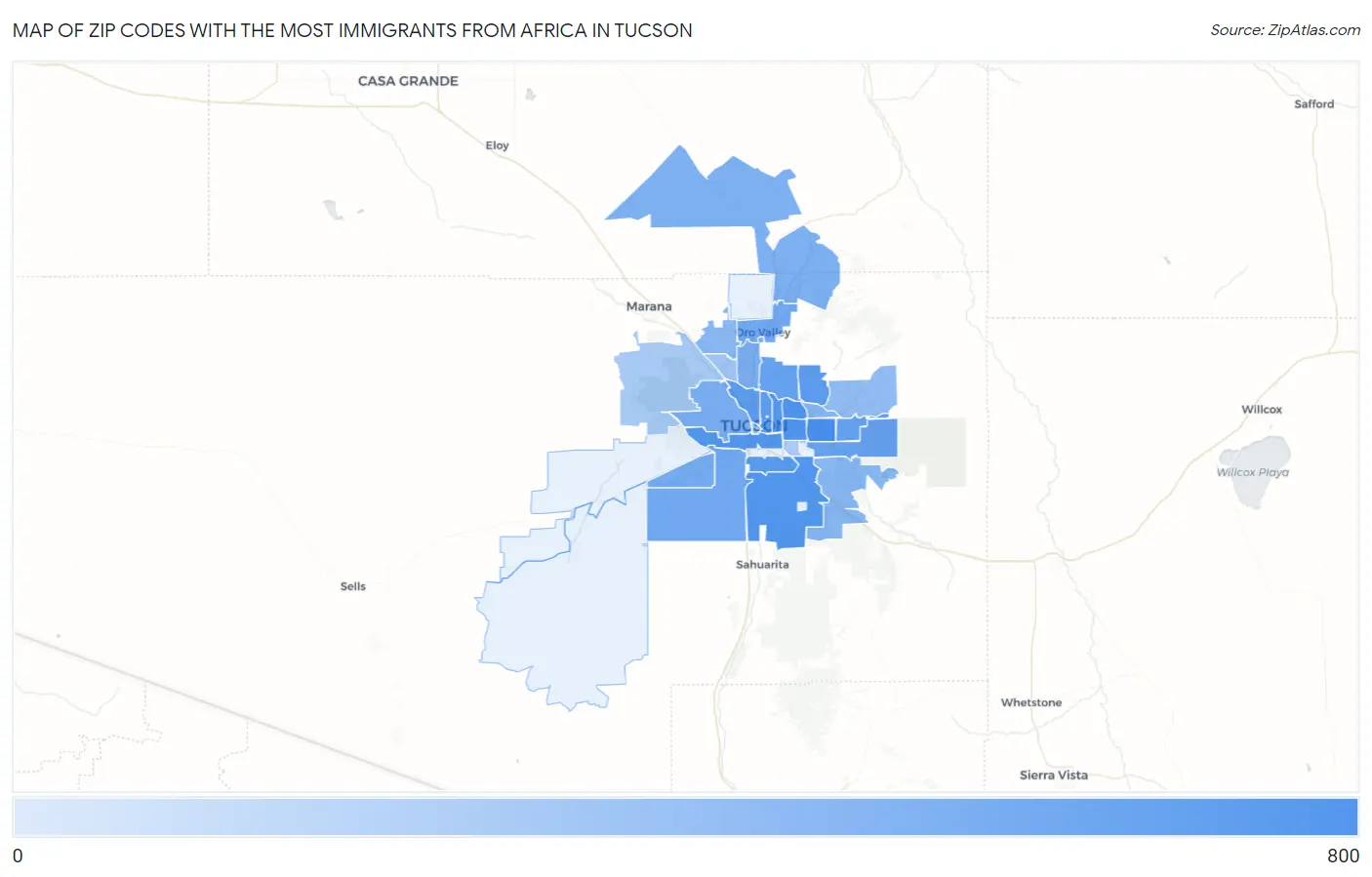 Zip Codes with the Most Immigrants from Africa in Tucson Map