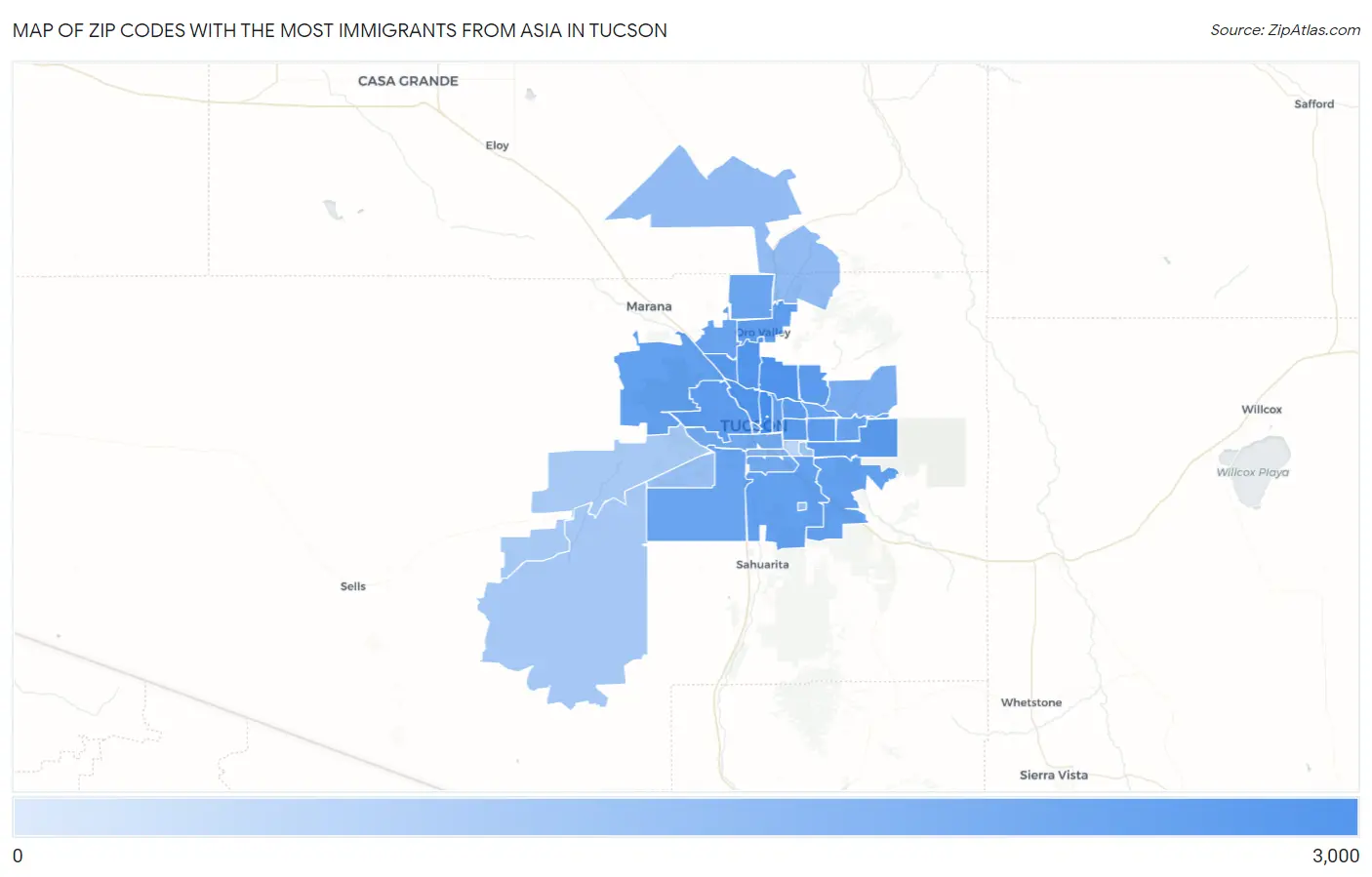 Zip Codes with the Most Immigrants from Asia in Tucson Map