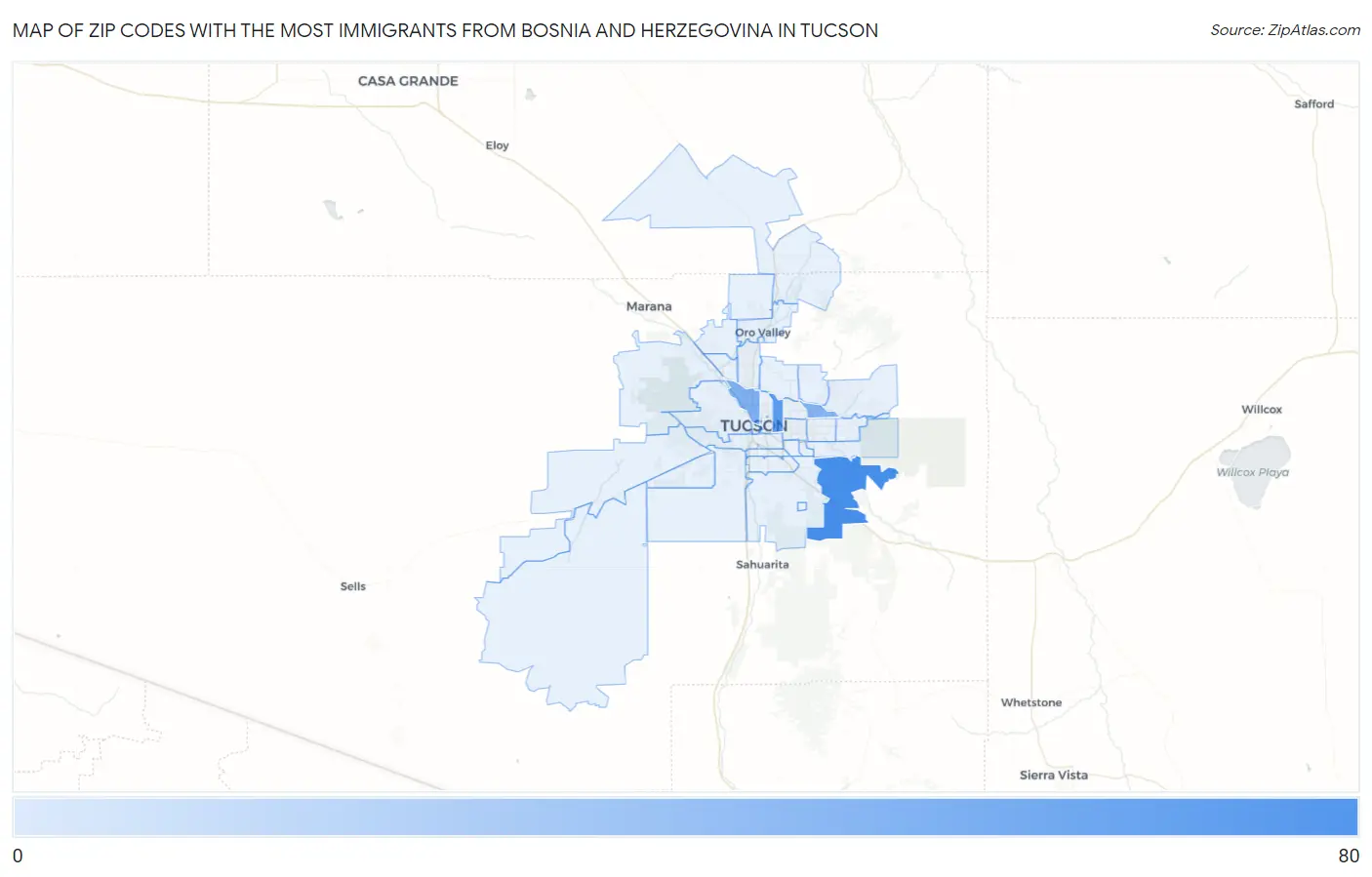 Zip Codes with the Most Immigrants from Bosnia and Herzegovina in Tucson Map