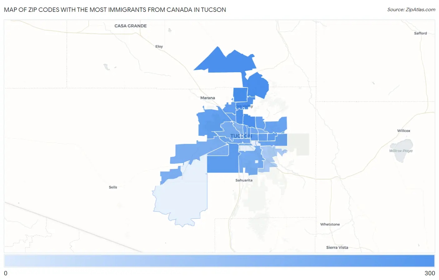 Zip Codes with the Most Immigrants from Canada in Tucson Map