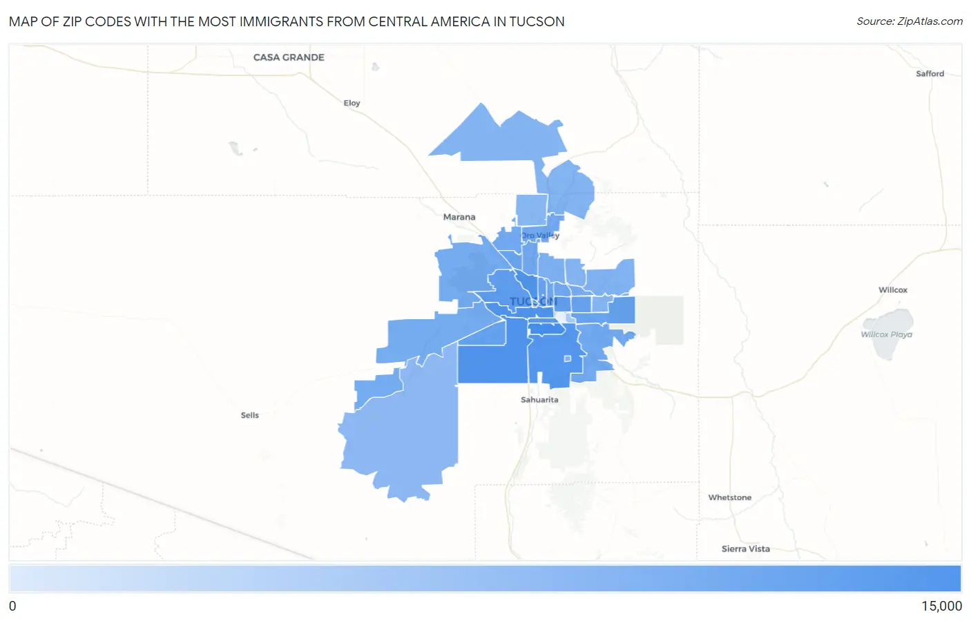 Zip Codes with the Most Immigrants from Central America in Tucson Map