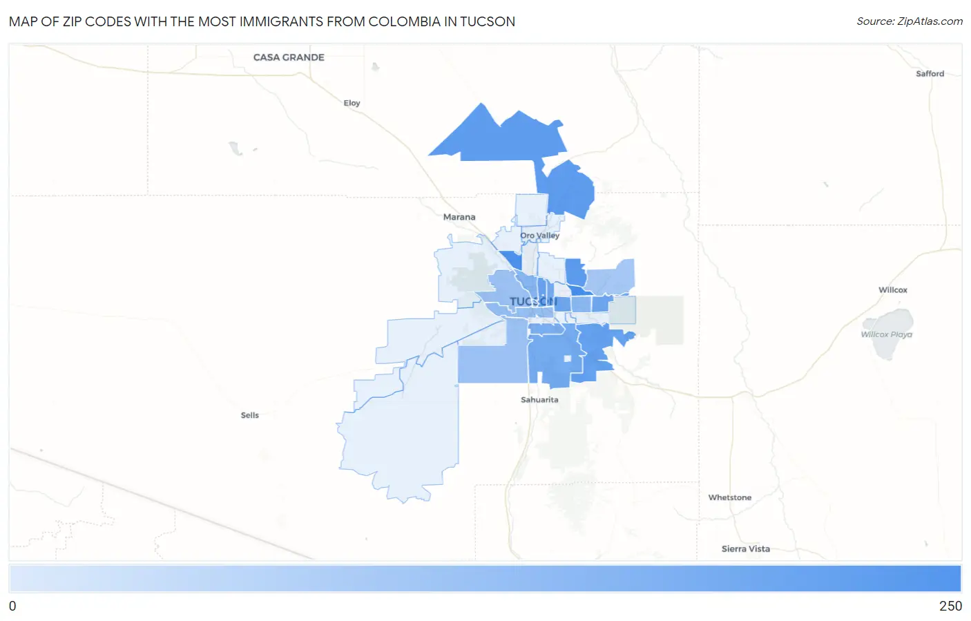 Zip Codes with the Most Immigrants from Colombia in Tucson Map