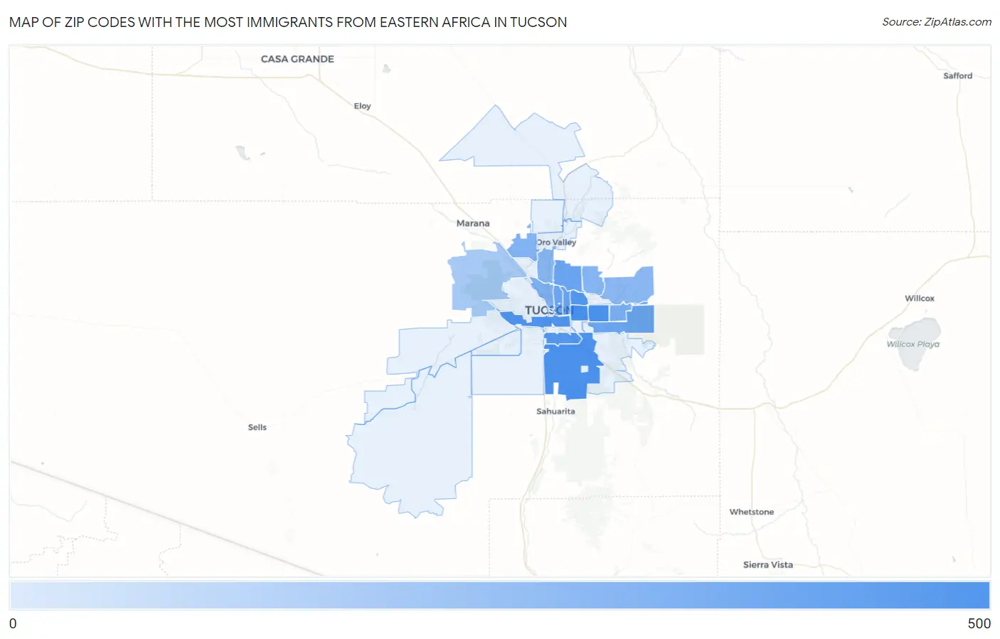 Zip Codes with the Most Immigrants from Eastern Africa in Tucson Map