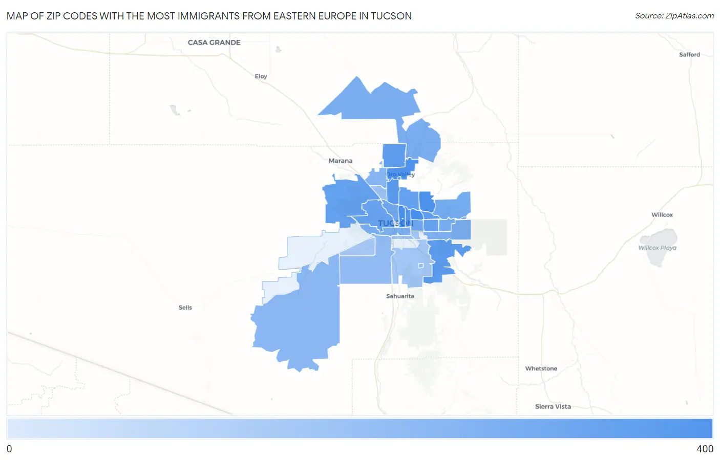 Zip Codes with the Most Immigrants from Eastern Europe in Tucson Map