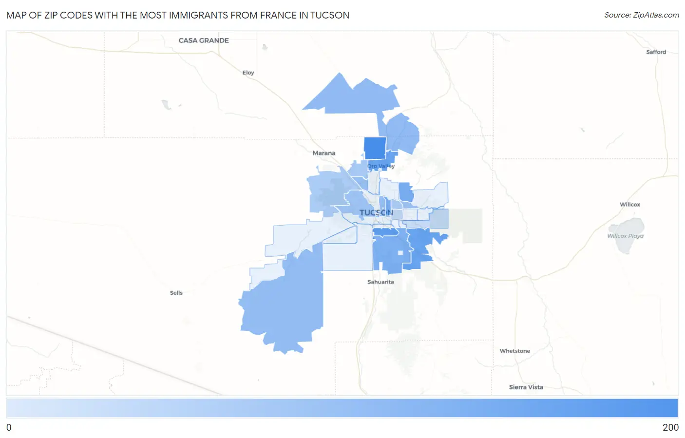 Zip Codes with the Most Immigrants from France in Tucson Map