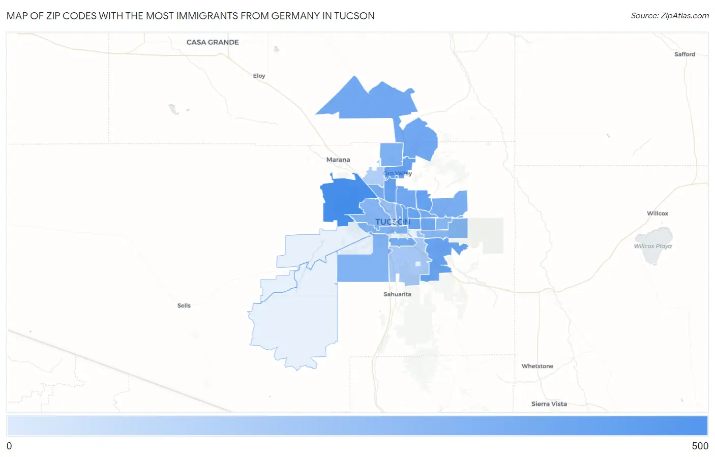 Zip Codes with the Most Immigrants from Germany in Tucson Map