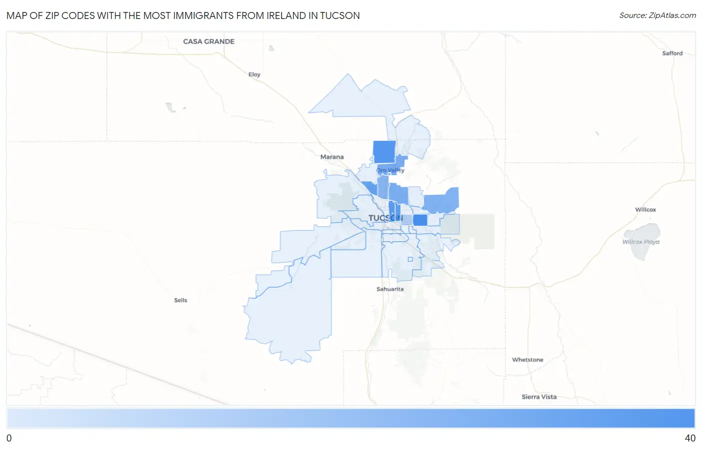 Zip Codes with the Most Immigrants from Ireland in Tucson Map