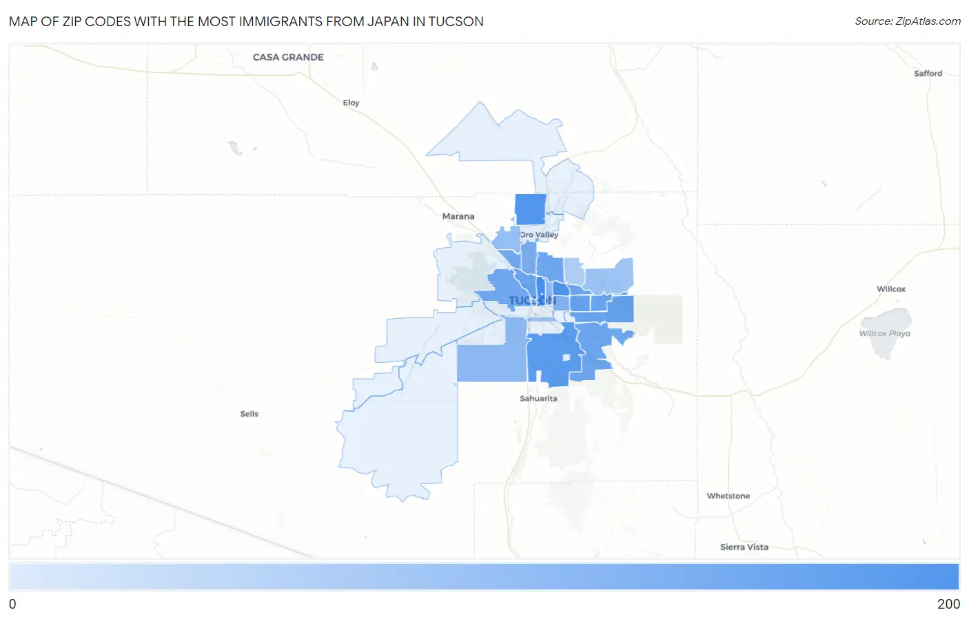 Zip Codes with the Most Immigrants from Japan in Tucson Map