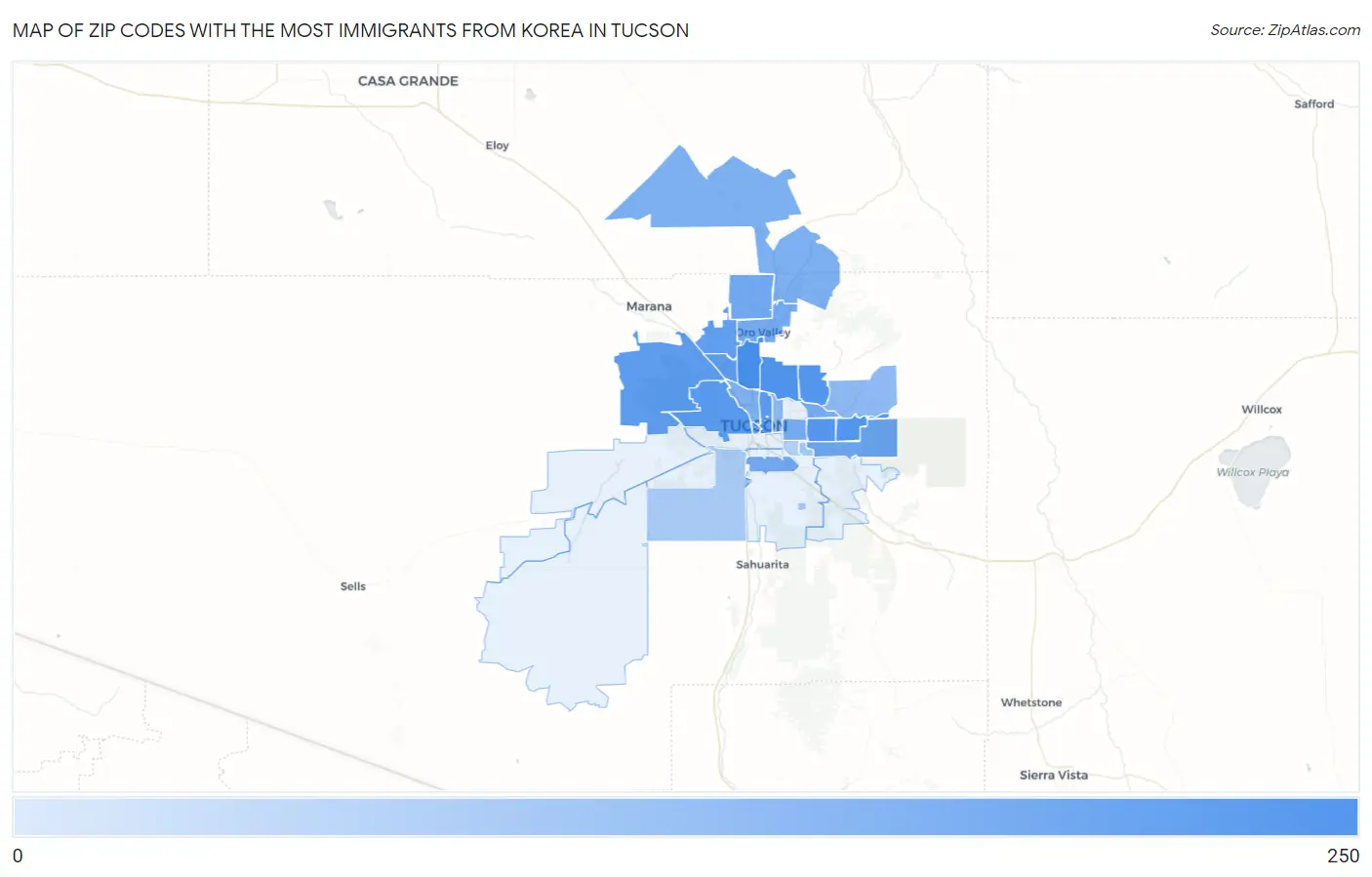 Zip Codes with the Most Immigrants from Korea in Tucson Map