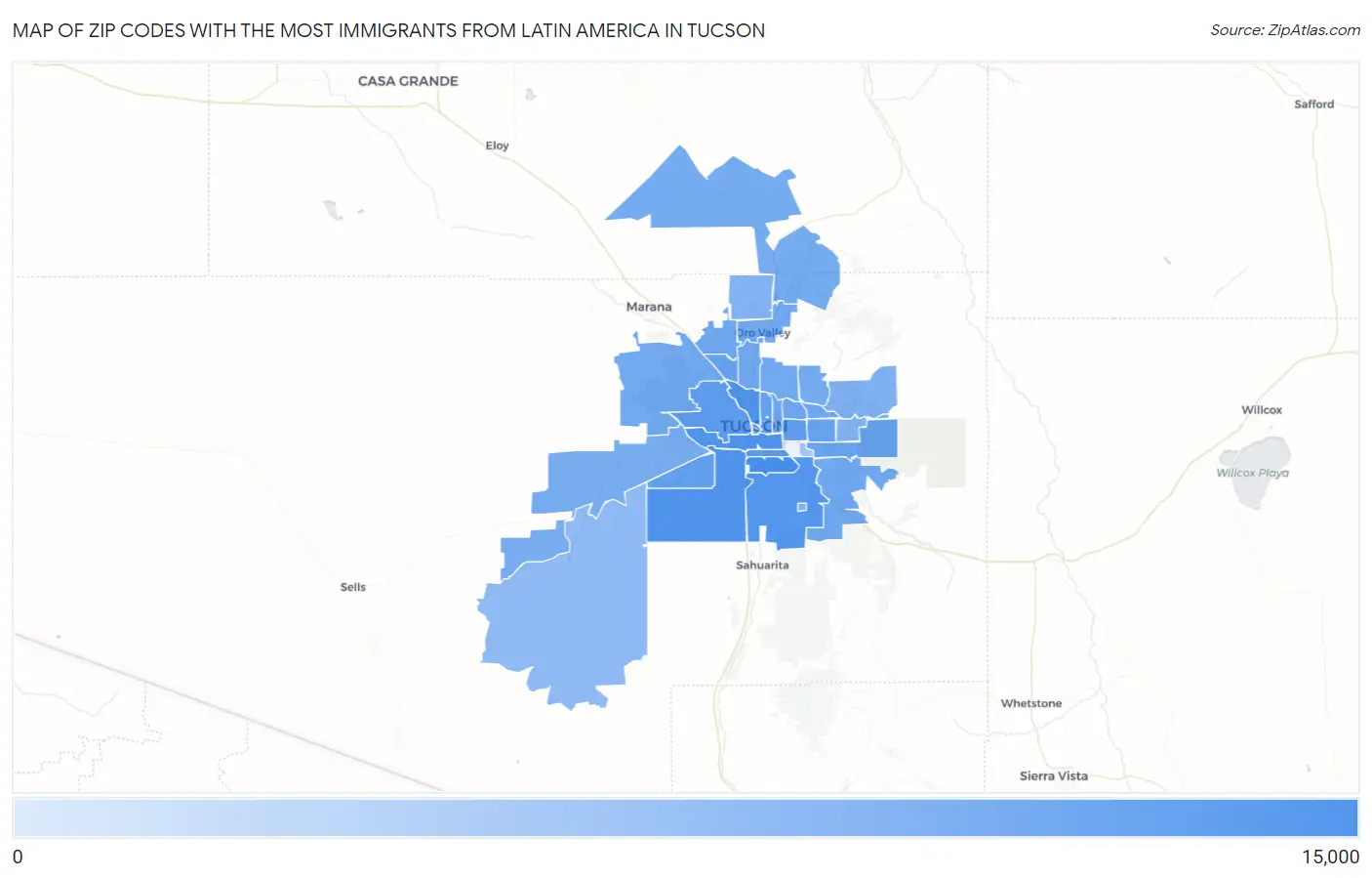 Zip Codes with the Most Immigrants from Latin America in Tucson Map