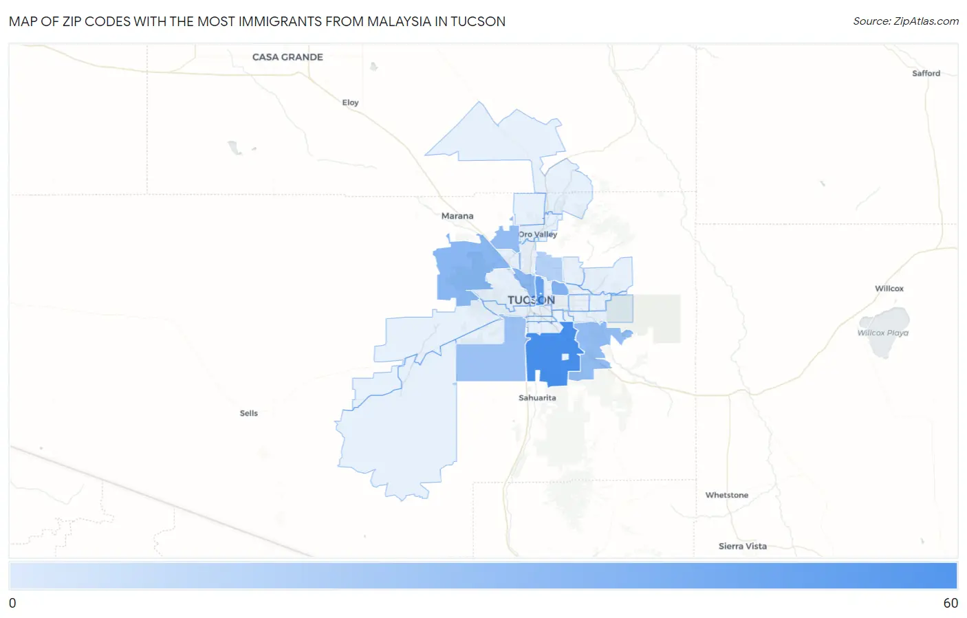 Zip Codes with the Most Immigrants from Malaysia in Tucson Map