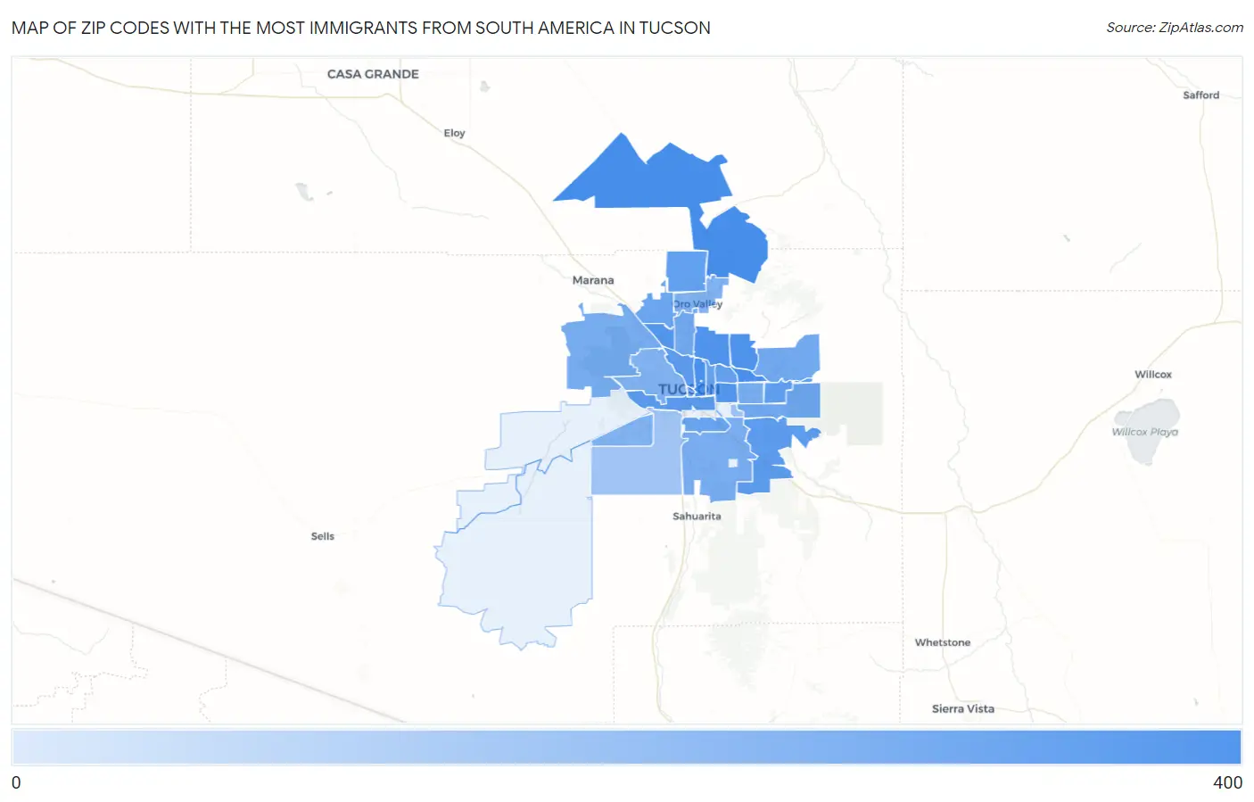 Zip Codes with the Most Immigrants from South America in Tucson Map
