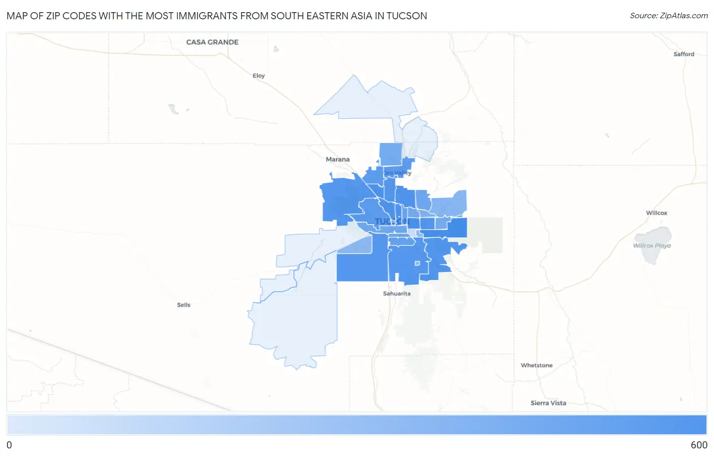 Zip Codes with the Most Immigrants from South Eastern Asia in Tucson Map