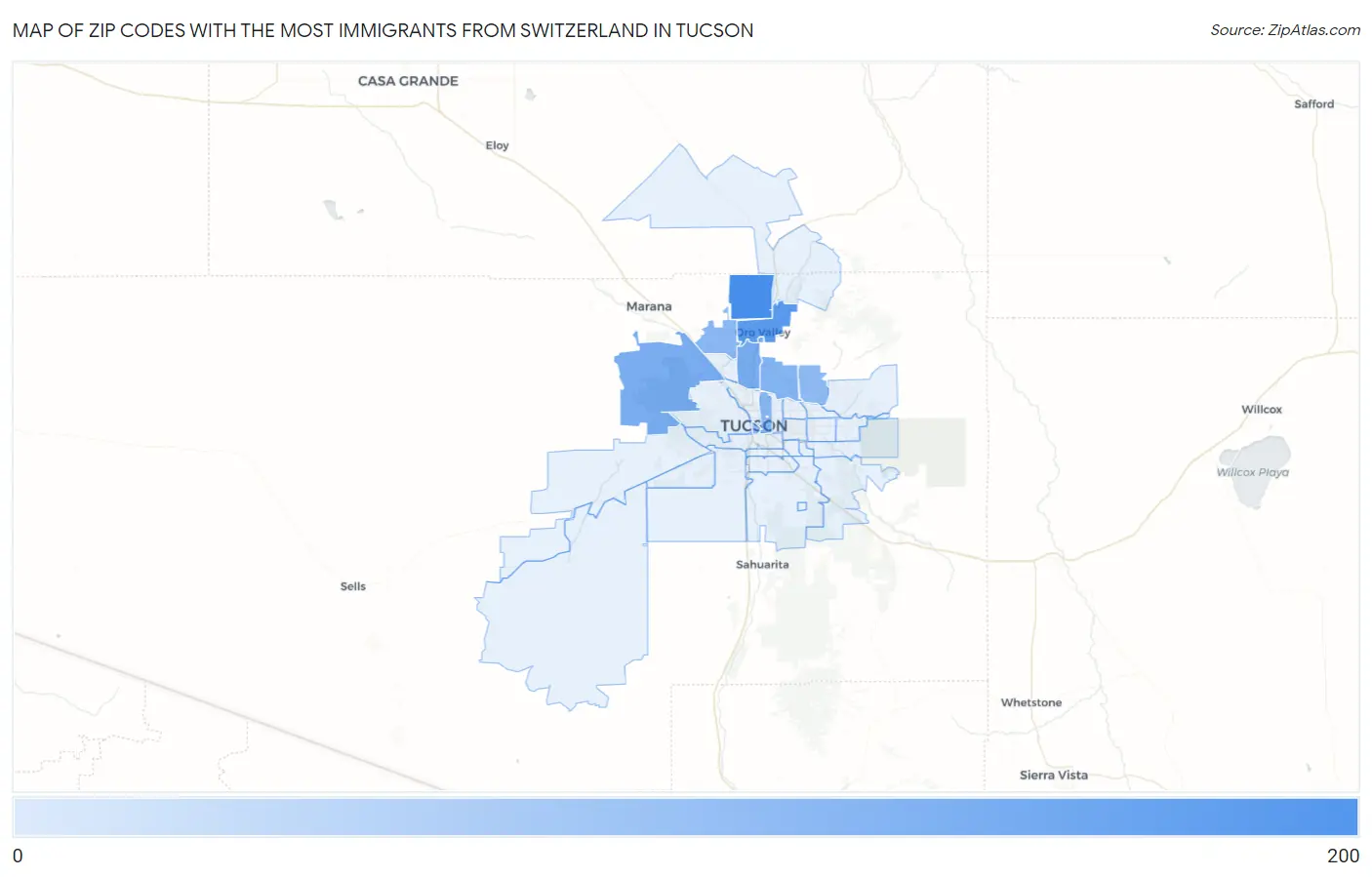 Zip Codes with the Most Immigrants from Switzerland in Tucson Map