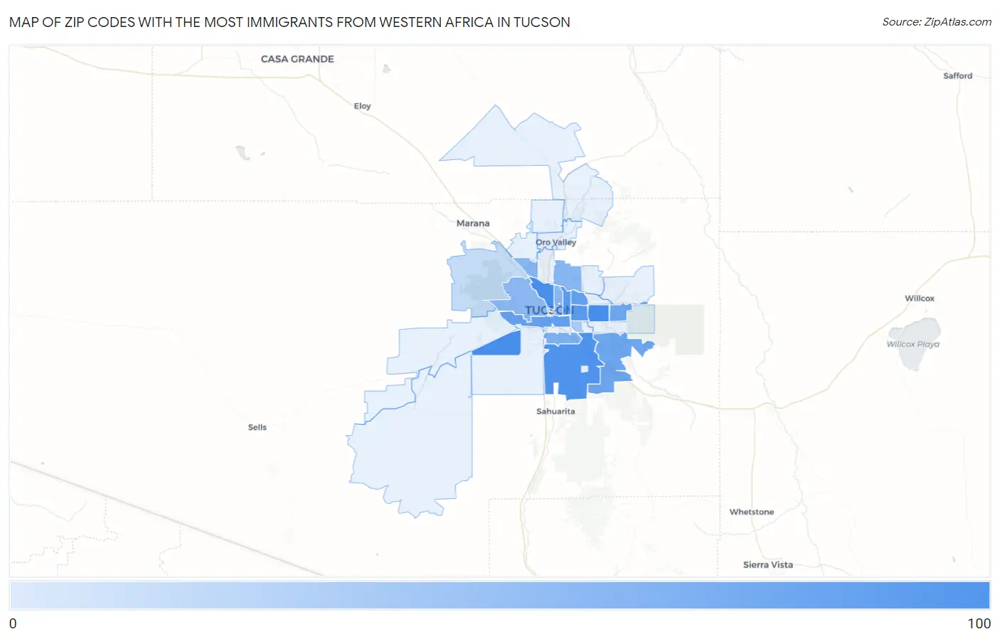Zip Codes with the Most Immigrants from Western Africa in Tucson Map