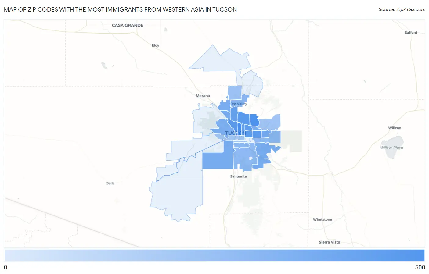 Zip Codes with the Most Immigrants from Western Asia in Tucson Map