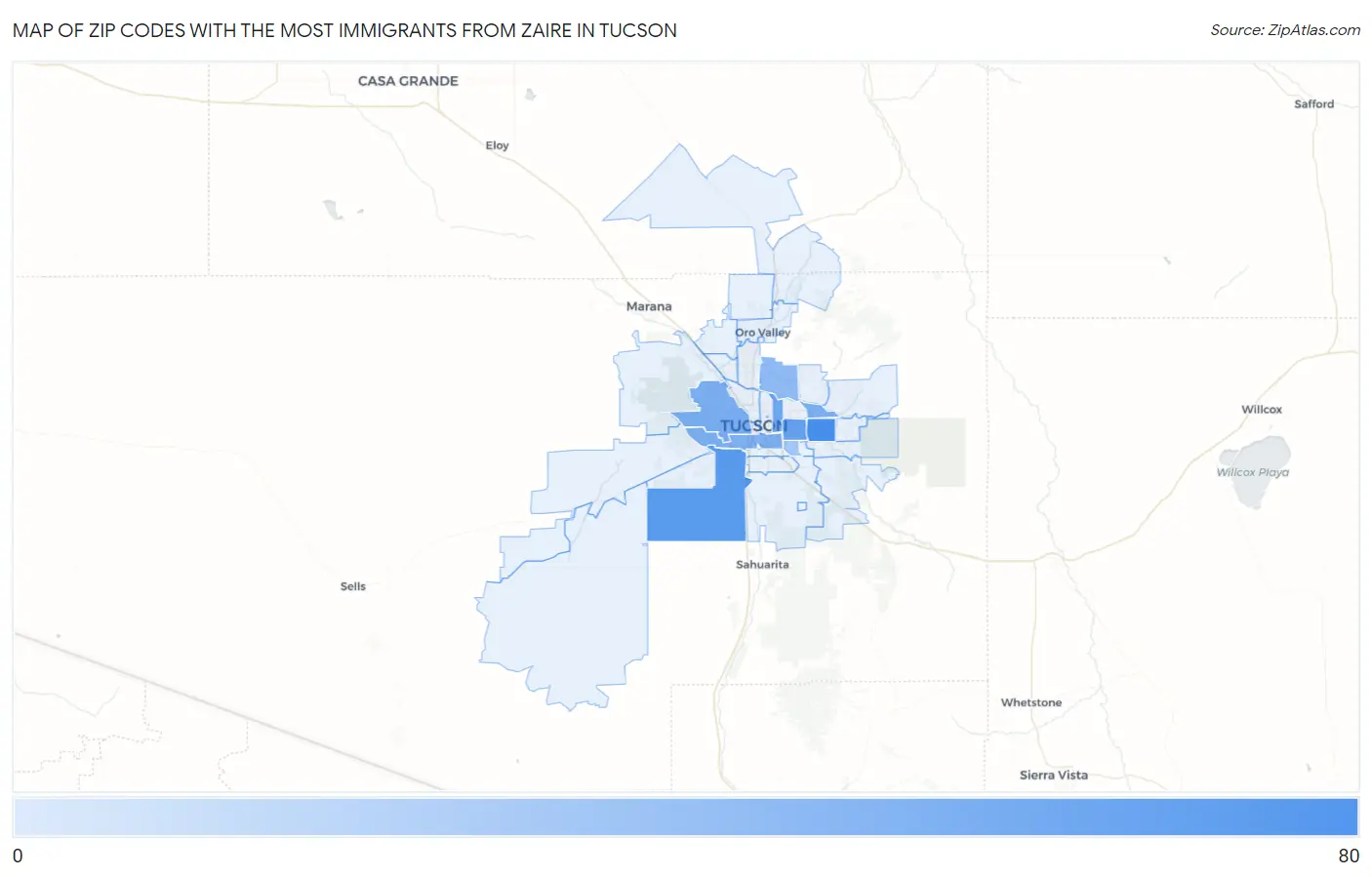 Zip Codes with the Most Immigrants from Zaire in Tucson Map