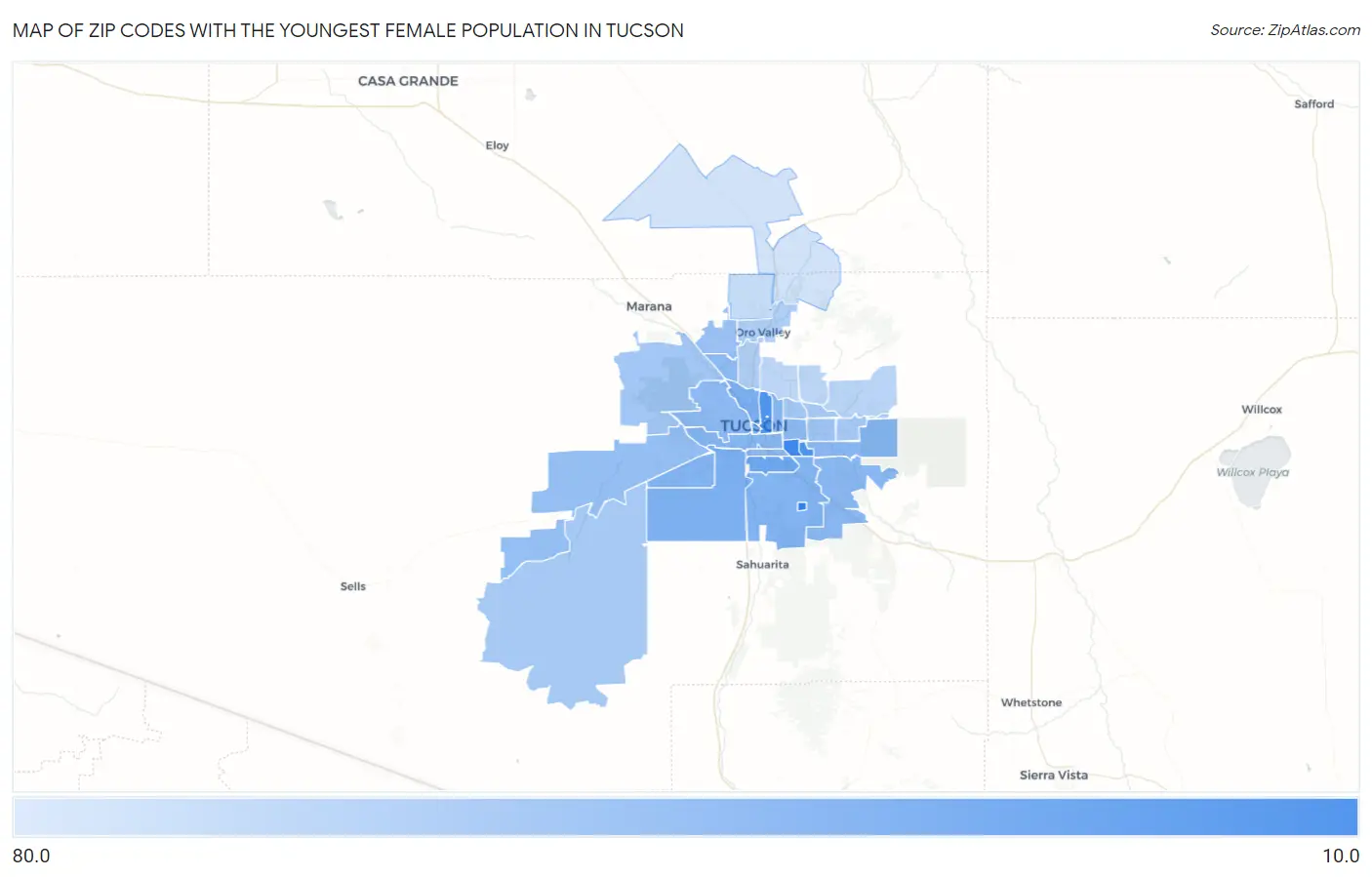 Zip Codes with the Youngest Female Population in Tucson Map