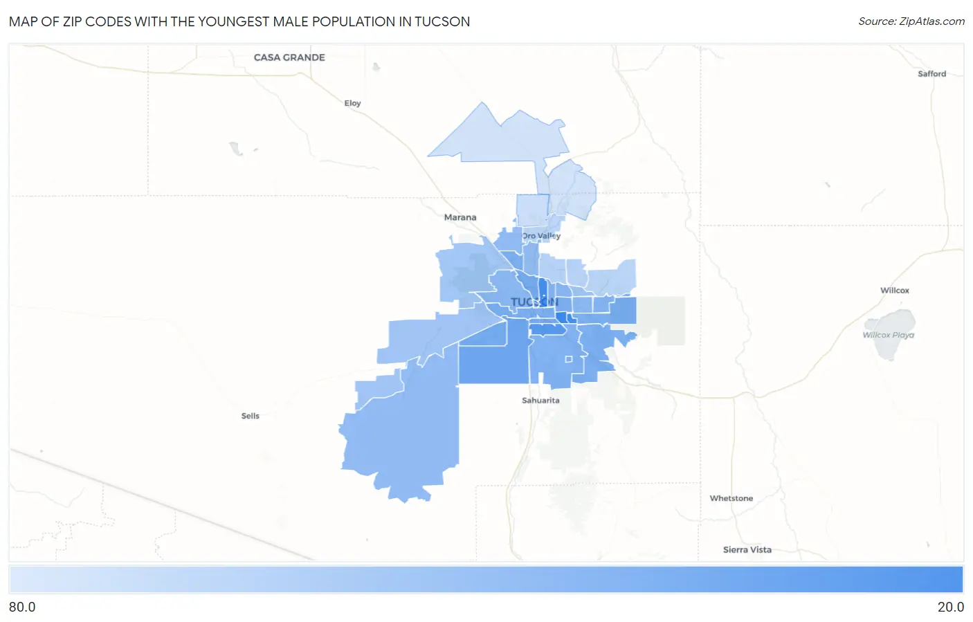 Zip Codes with the Youngest Male Population in Tucson Map