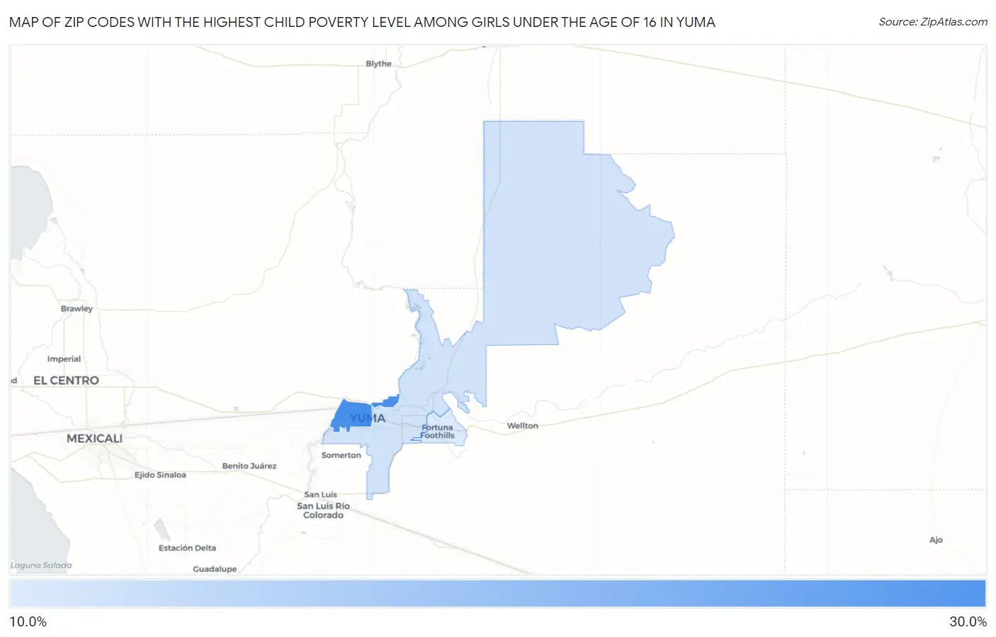 Zip Codes with the Highest Child Poverty Level Among Girls Under the Age of 16 in Yuma Map