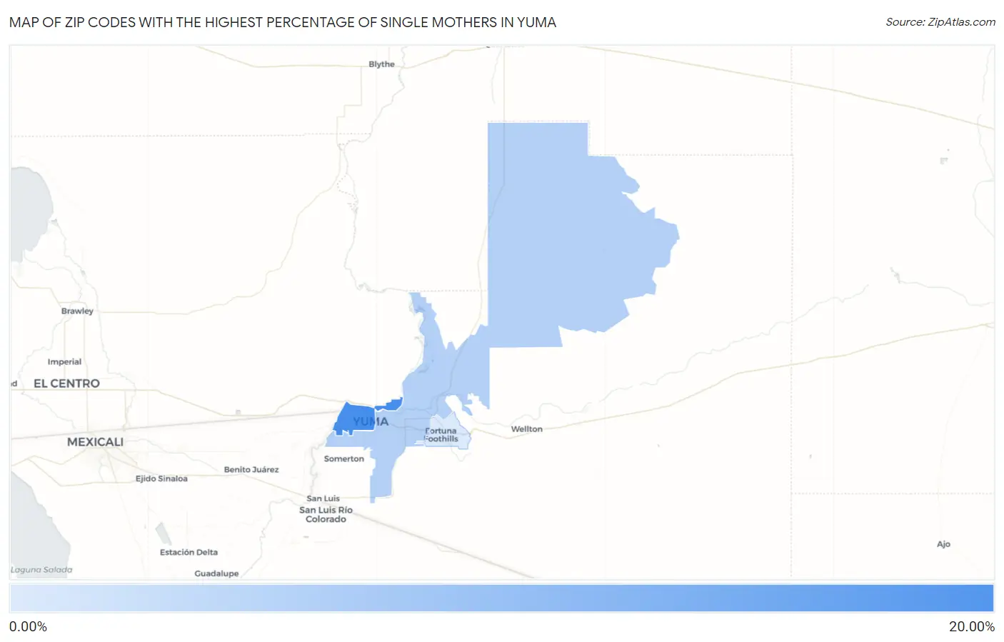 Zip Codes with the Highest Percentage of Single Mothers in Yuma Map